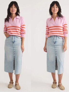 Marine Layer Claire Relaxed Sweater Polo Pink Orange XL Merino Wool Cotton